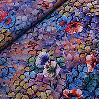 Штапель із різнобарвними гілками листя й маками, ширина 140 см