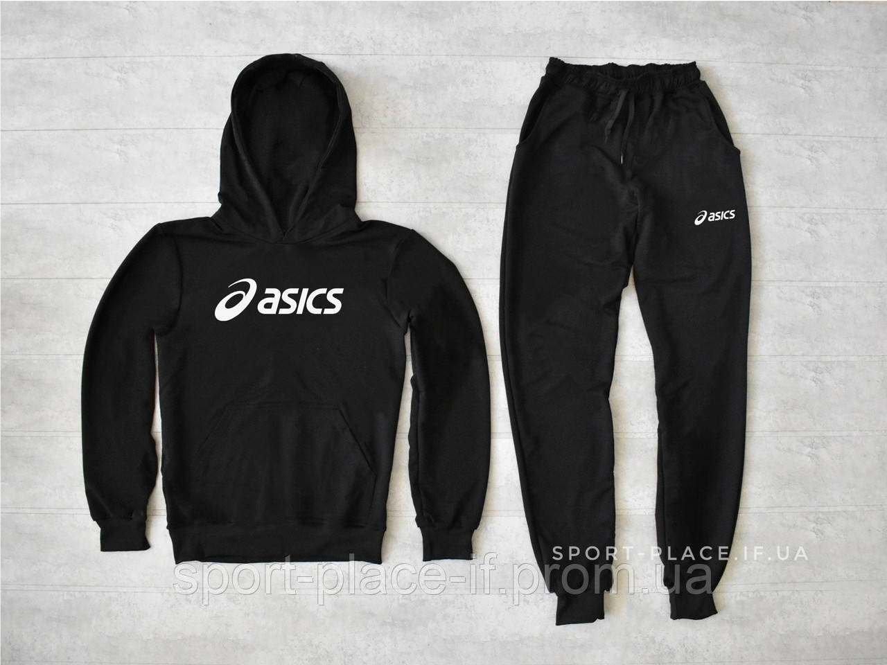 Чоловічий спортивний костюм Asics (Асикс) чорний , толстовка велика емблема штани худі кенгуру