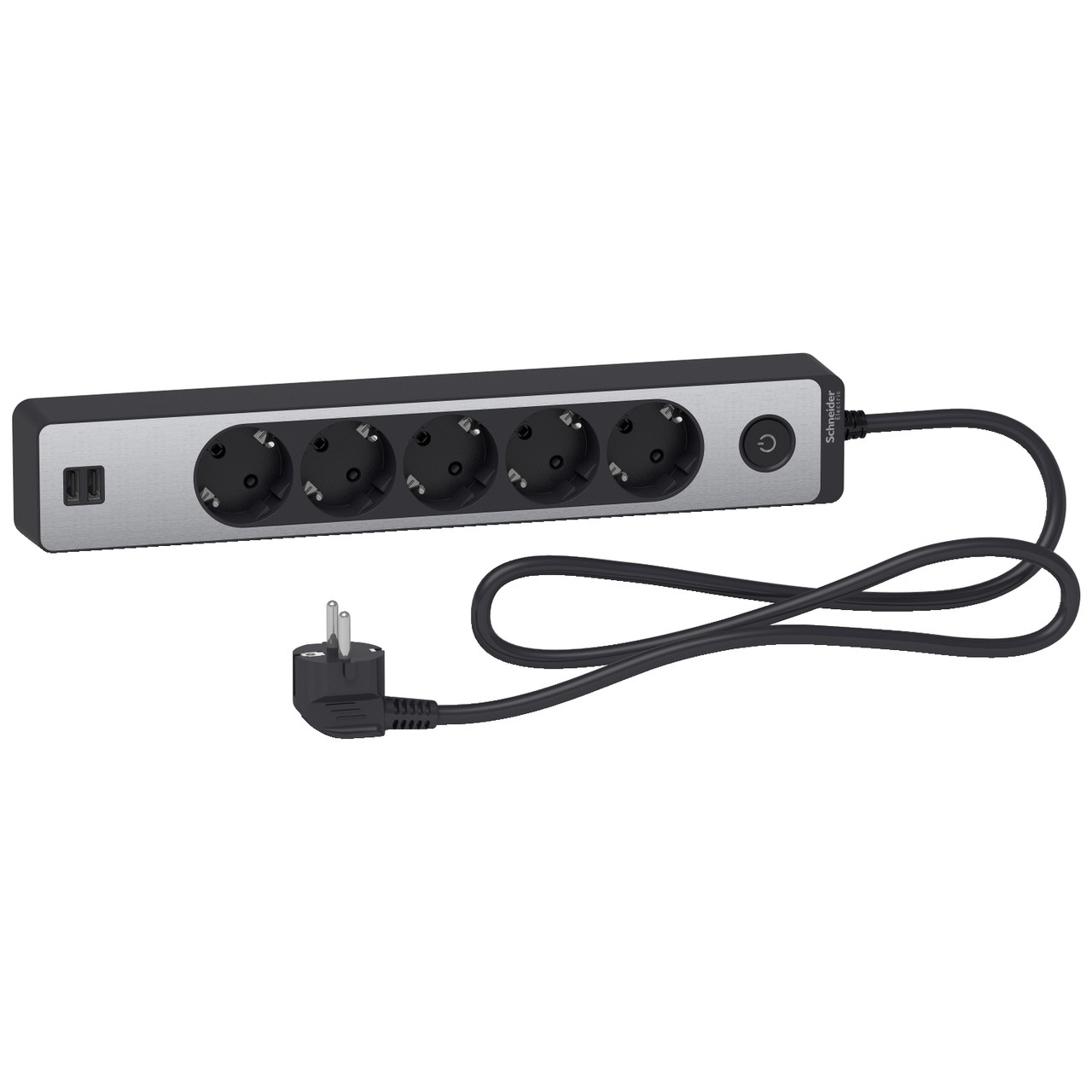Подовжувач на 5 розеток + 2 USB алюм/чорний 1.5 м Schneider ST945U1BA
