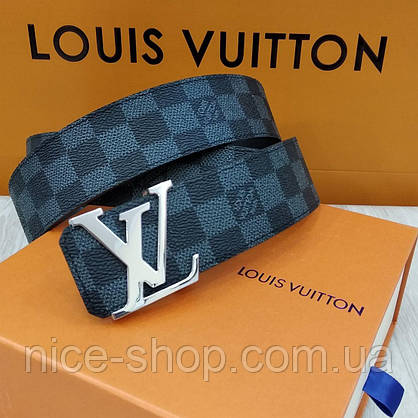 Ремінь Louis Vuitton шкіряний преміум класу в коробці з документами, сіра шахматка, фото 2