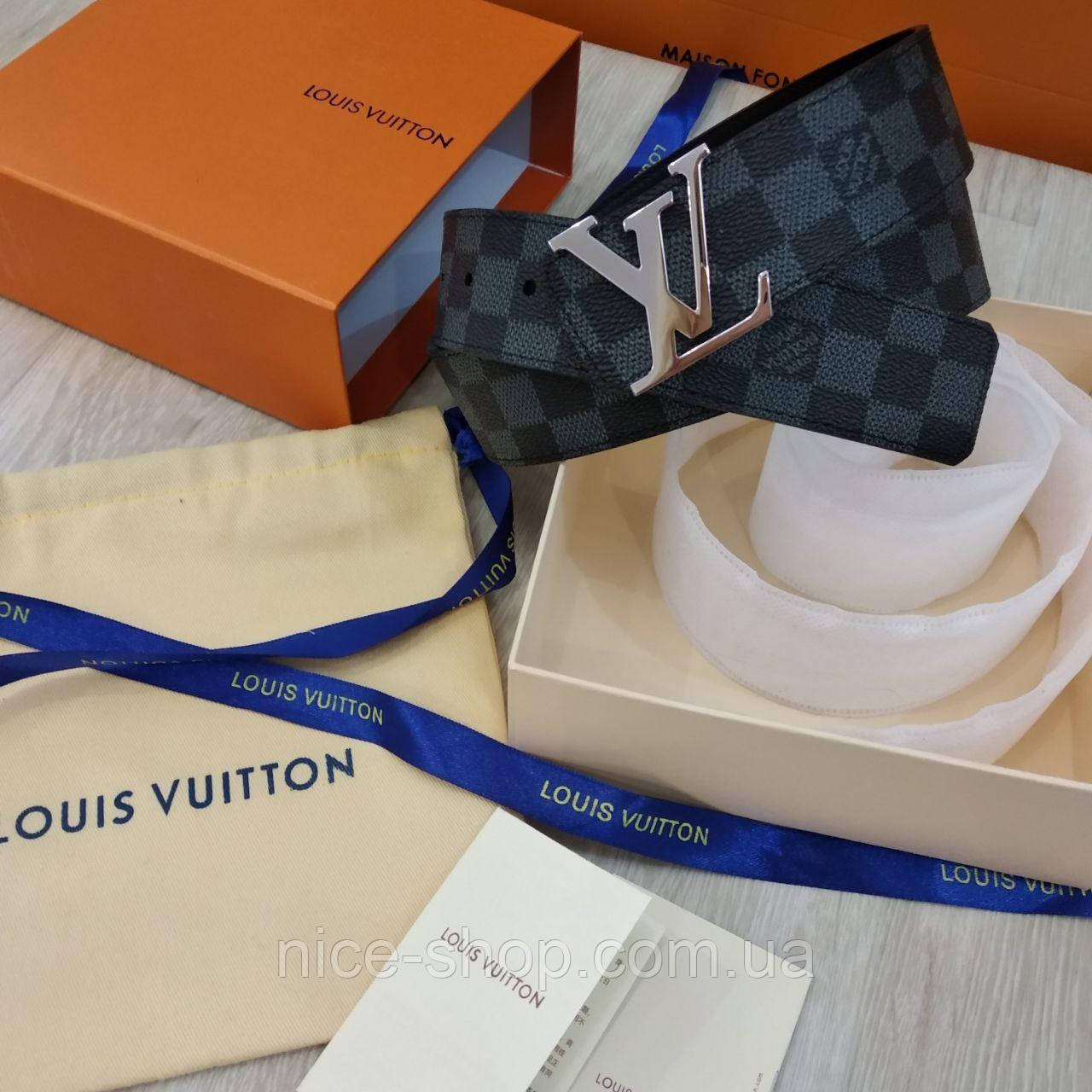 Ремінь Louis Vuitton шкіряний преміум класу в коробці з документами, сіра шахматка