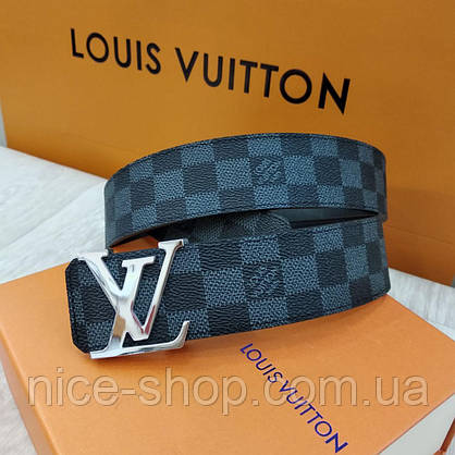 Ремінь Louis Vuitton шкіряний преміум класу в коробці з документами, сіра шахматка, фото 3