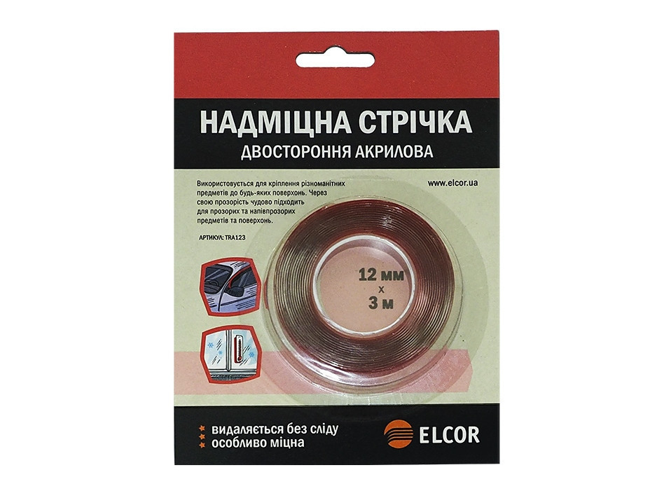 Двостороння надміцна клейка стрічка ELCOR TRA123 12 мм * 3 м на акриловій основі прозора