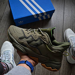 Чоловічі кросівки демісезонні Adidas Ozweego Khaki осінь-весна. Живе фото. топ