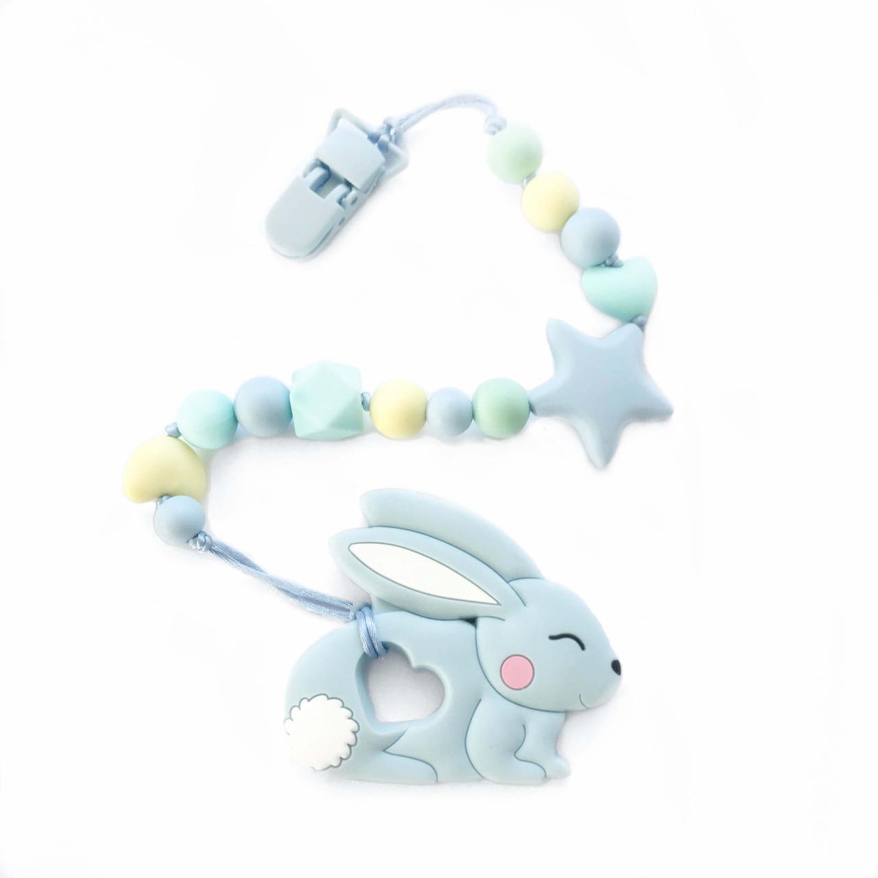 Зайчик (Бебі блю) силіконовий тримач з гризунком, прорізувач для зубів, фото 1