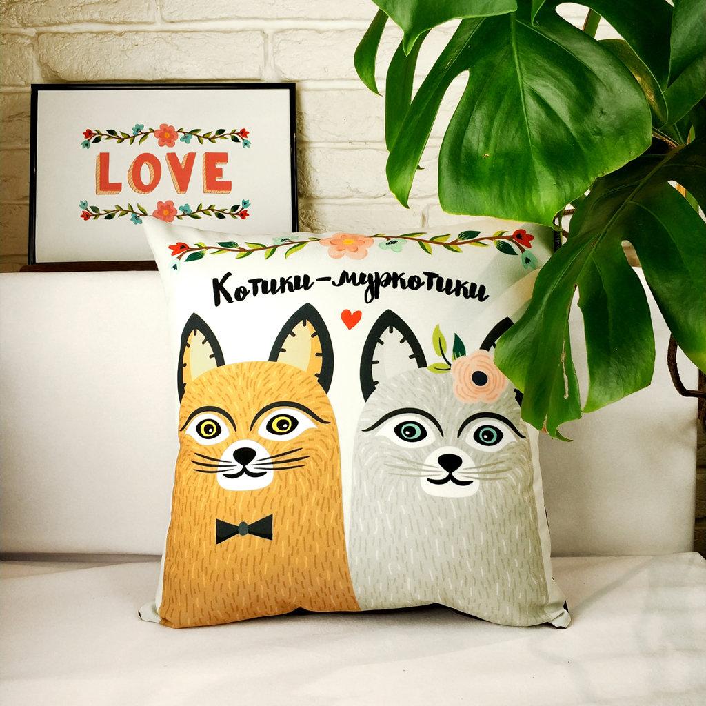 Подушка габардинова з принтом Котики-муркотики 50x50 см (5P_18L064)