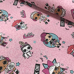 Тканина поплін дівчинки та сови "rock on" на рожевому (ТУРЦІЯ шир. 2,4 м)