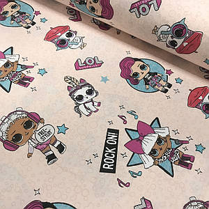 Тканина поплін дівчинки та сови "rock on" на пудровому (ТУРЦІЯ шир. 2,4 м) (R-F-0547)