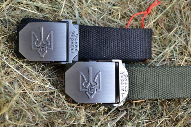 Брючні ремені ТРИЗУБ зі сталевою бляхою і гравіюванням "Слава Україні"