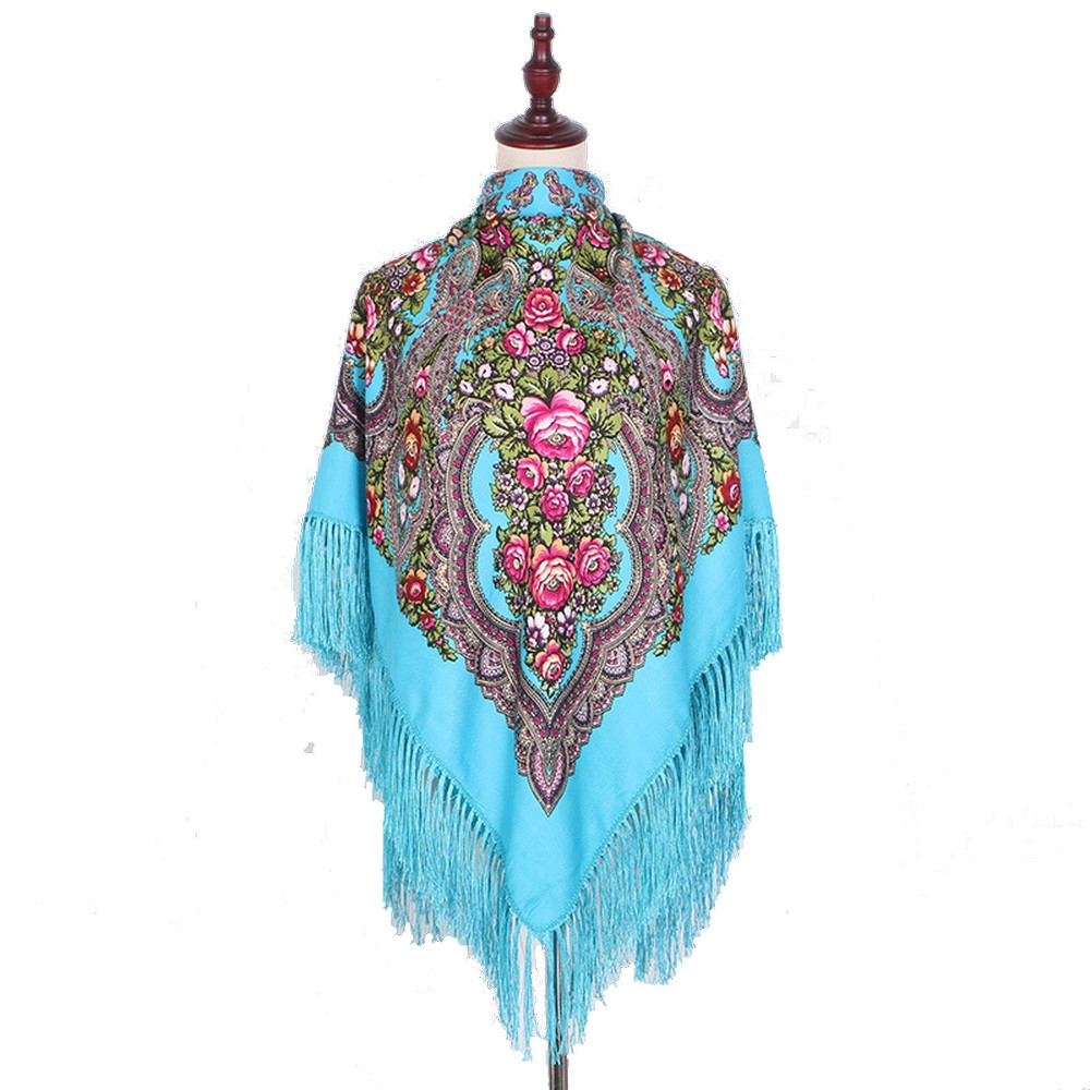 Український бірюзовий жіночий народний хустку в красивий квітковий орнамент з бахромою