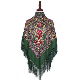 Хустка українська народна у квітковий орнамент із торочками красивий колір зелений 110*110