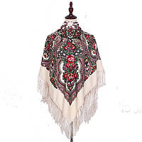 Платок украинский народный в цветочный орнамент с бахромой красивый цвет бежевый 110*110