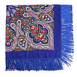 Хустка українська народна в квітковий орнамент з бахромою красивий колір синій 110*110, фото 3