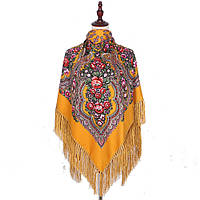 Платок украинский народный в цветочный орнамент с бахромой яркий цвет янтарный 110*110