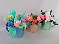 Букет из мыльных цветов Пионов и роз Цветочная композиция из мыла ручной работы радужная чашка Мыльный букет