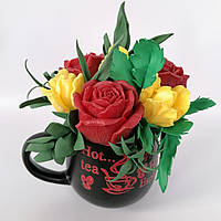 Букет из мыльных цветов роз и тюльпан стильная чашка Цветочная композиция из мыла ручной работы Мыльный букет