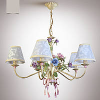 Люстра для большой комнаты, для спальни 5 ламповая с абажурами и цветами 6405-3 серии "Романтика"