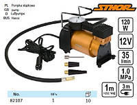 Компресор автомобільний STHOR : 12 В, 120 Вт, 35 л/хв, тиск - 1 МПа + шланг 1 м, 3 насадки, мішок VOREL-82107