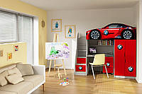 Кровать машина чердак машинка БМВ красная BMW с комодом-лестницей, со столом и шкафом