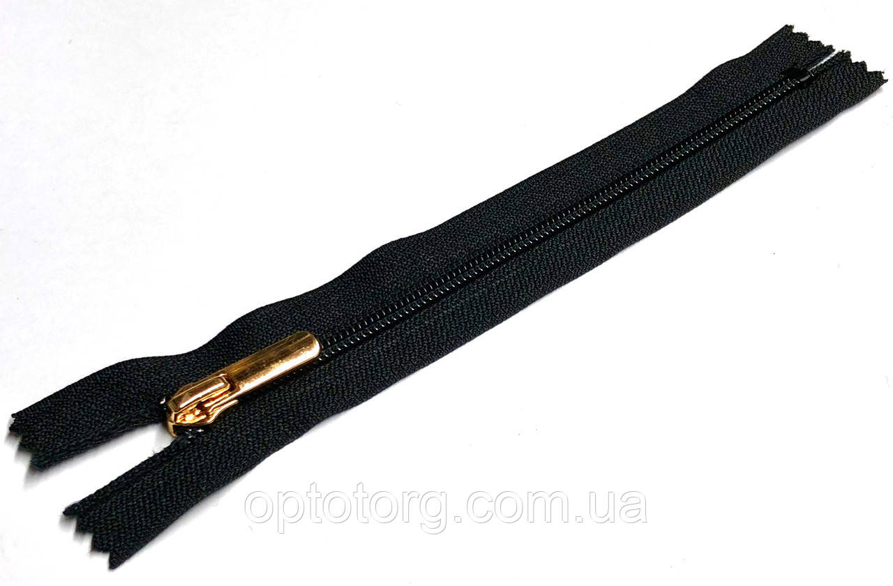 Блискавка шевська 18см Чорна з Золотим прямим бігунком Тип7 посилений пластикова взуттєва