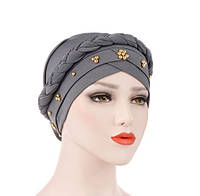 Розкішна чалма хіджаб з косою прикрашена намистинами сіра