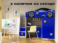 Кровать машина чердак машинка БМВ BMW со столом, комодом-лестницей и шкафом белый синий