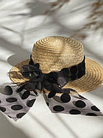 Канотье шляпка D.Hats с прямыми полями соломенная с черным гипюровым бантом