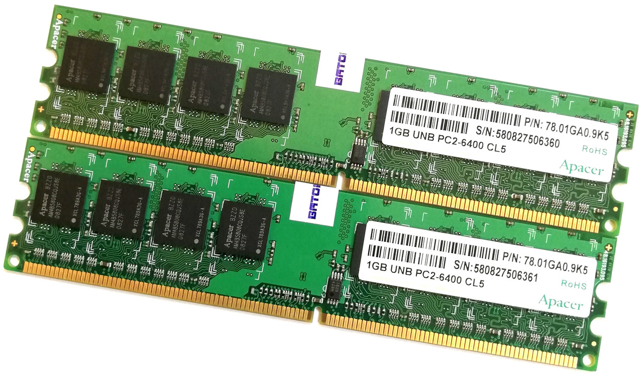 Пара оперативной памяти Apacer DDR2 2Gb (1Gb+1Gb) 800MHz PC2 6400U 1R8 CL5 (78.01GA0.9K5) Б/У