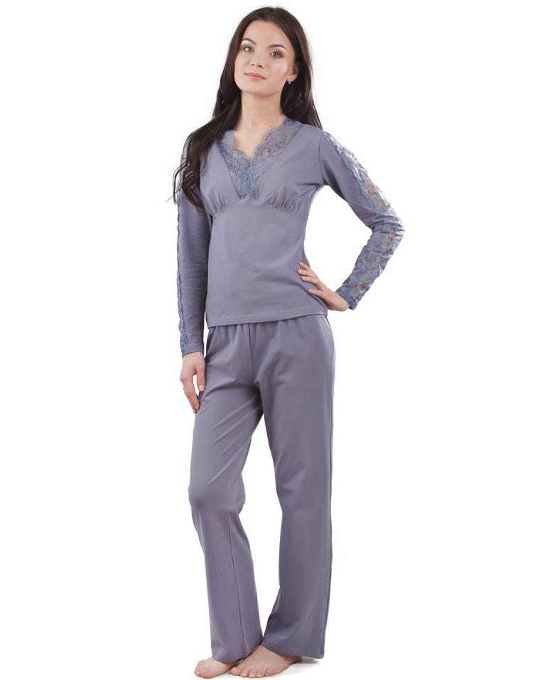 Женская хлопковая пижама с кружевом (S-2XL) M, серый - фото 1 - id-p1135158662
