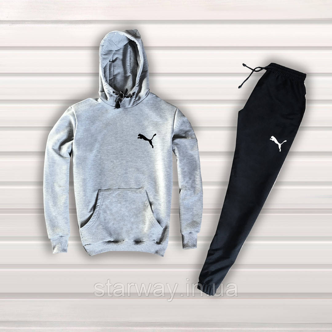 Спортивний трикотажний костюм пума з капюшоном small logo | сірий верх чорний низ