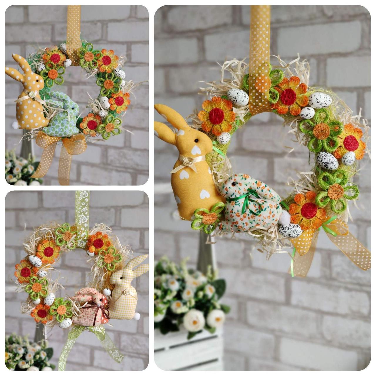 Віночок великодній з кроликами на двері, Д- 26-24см, фото 1