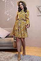 Штапельное платье с расклешенной юбкой с цветочным принтом 42-48 размеры горчичное