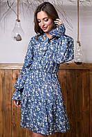 Штапельное платье с расклешенной юбкой с цветочным принтом 42-48 размеры синее
