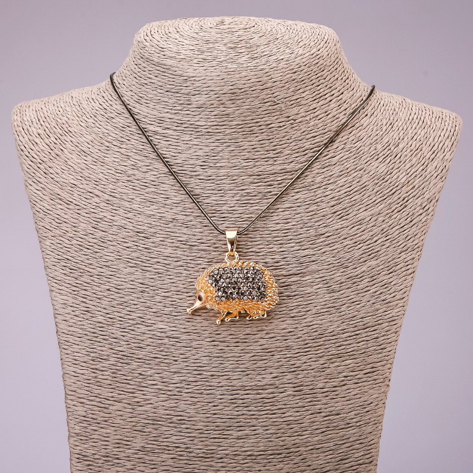 Підвіска "Їжачок" з чорними стразами на довгому ланцюжку метал "чорне золото" d-30х39мм L-70см, фото 1