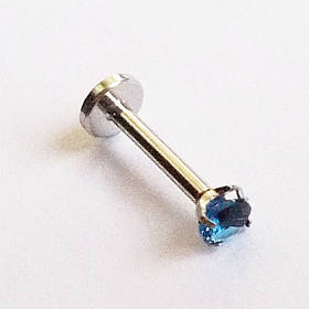 Лабрета 8 мм для пірсингу губи із синім кристалом 3 мм. Медична сталь.