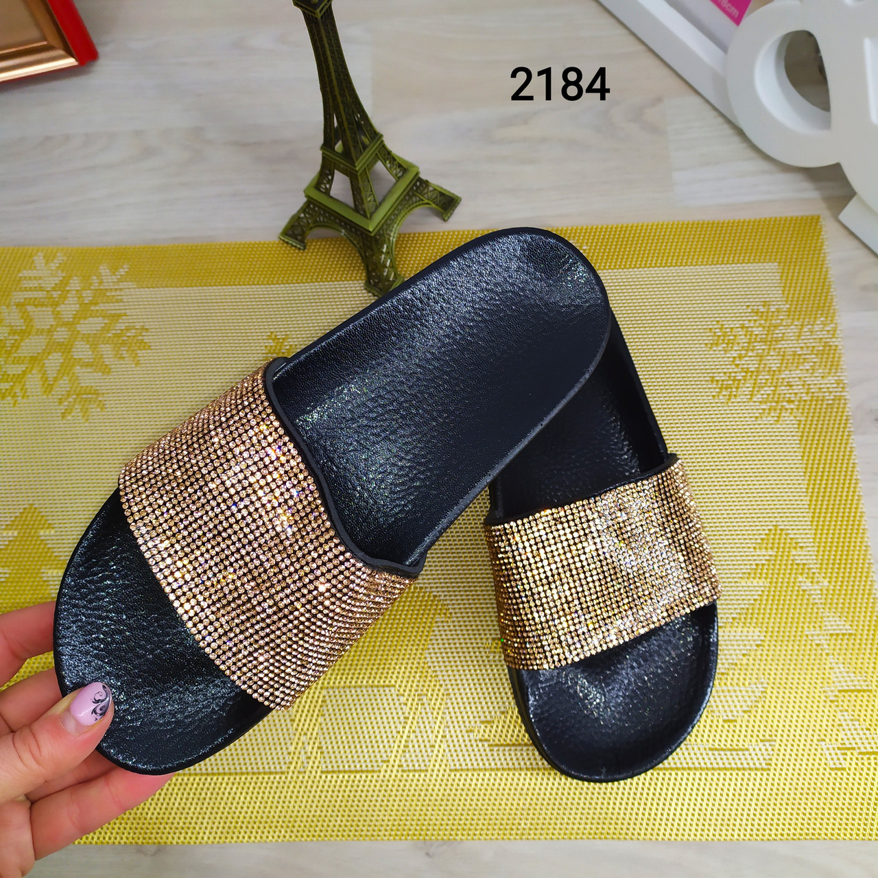 Модні жіночі шльопанці чорні зі стразами.36 розмір, фото 1