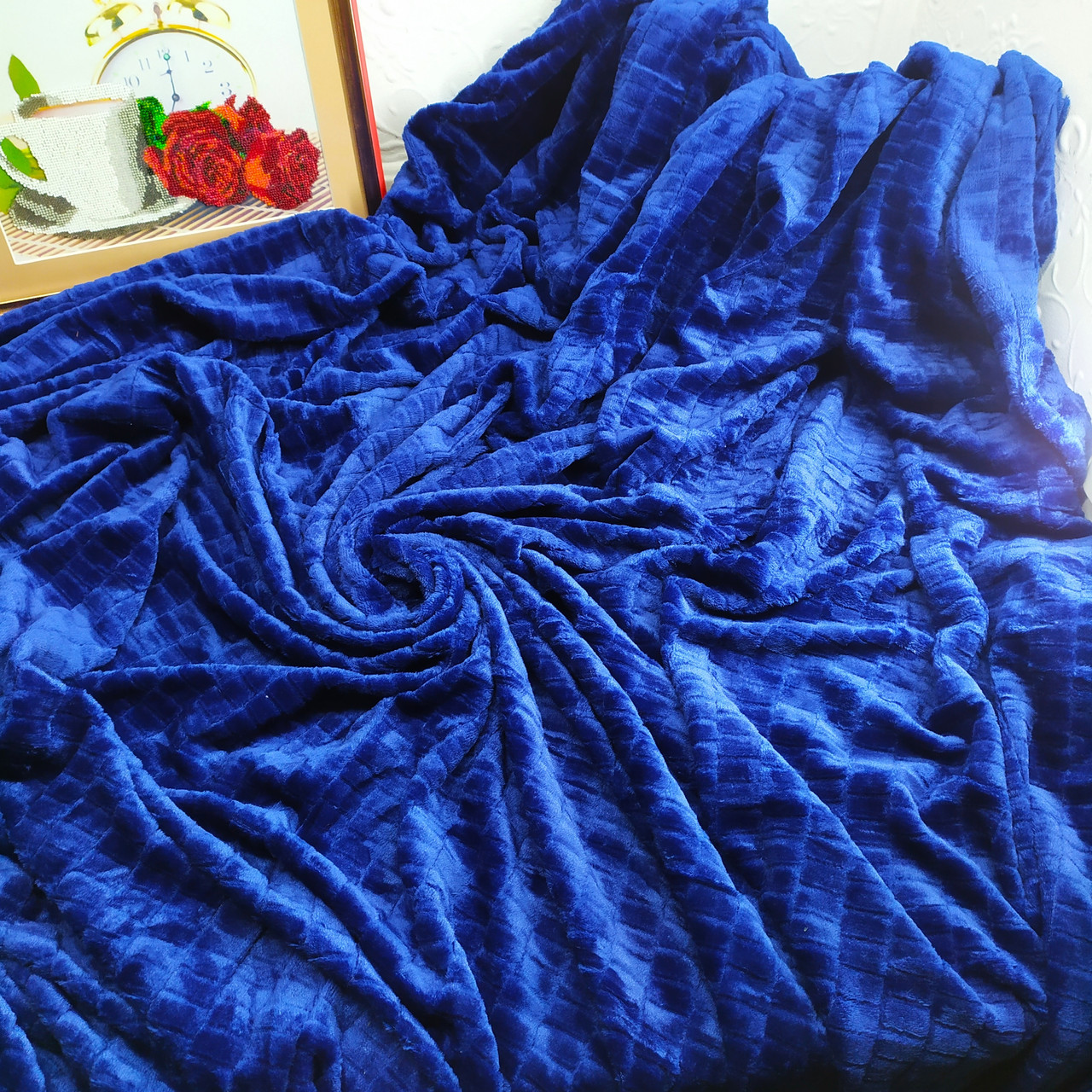 Велюрове покривало кубики синій колір євро розмір 220*240 см, фото 1