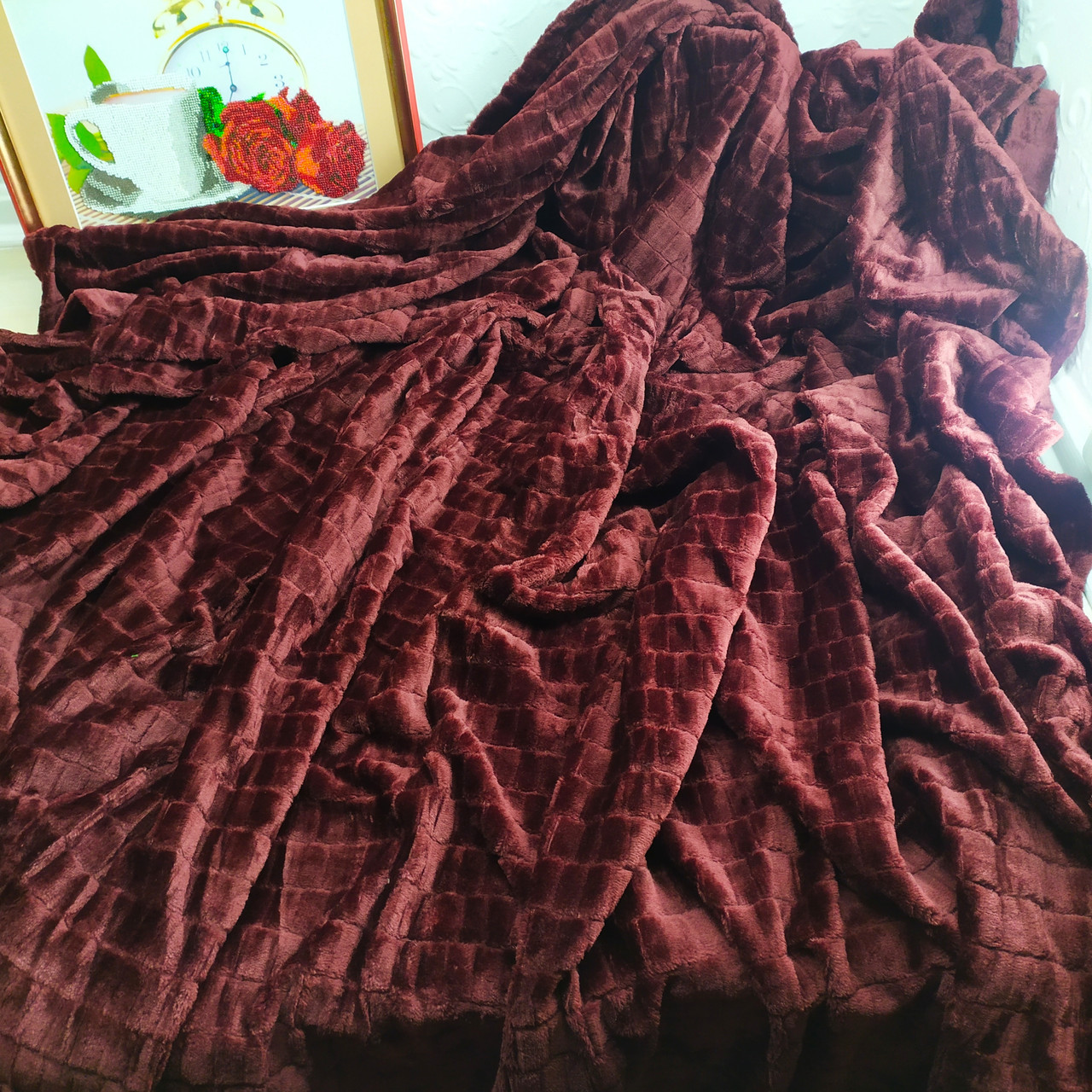 Велюрове покривало кубики бордовий колір євро розмір 220*240 см, фото 1