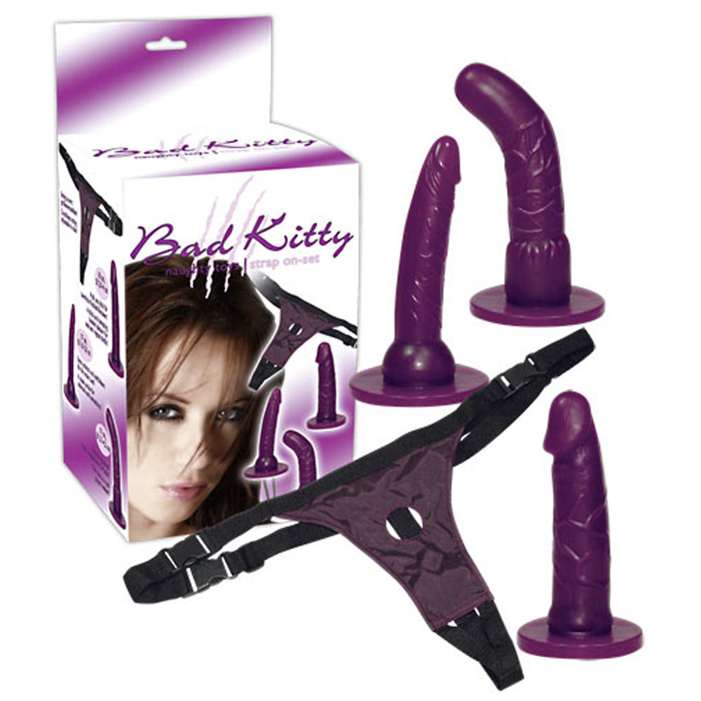 Страпон із трьома змінними фаллосами 3 насадки BAD KITTY STRAP-ON PURPLE
