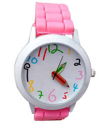 Барвисті жіночі годинники зі стрілками-олівцями силіконовий ремінець Рожевий