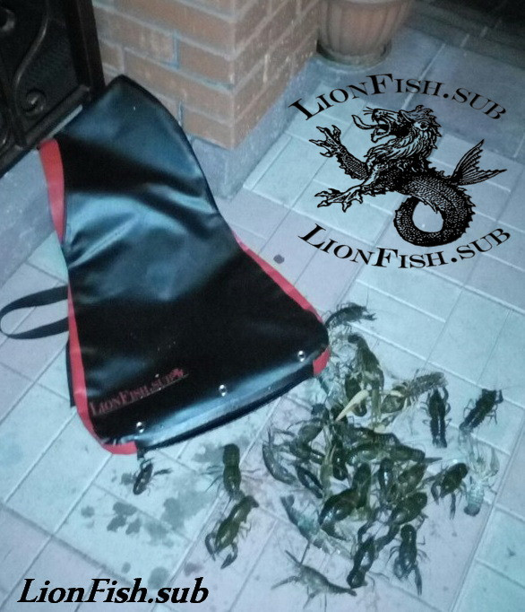 Сумка для Раков и Рыбы LionFish.sub. Нагрудная Питомза из ПВХ материала. Удобный фартук для сбора и хранения подводных находок и добытой рыбы. Бальшая, карман слева.