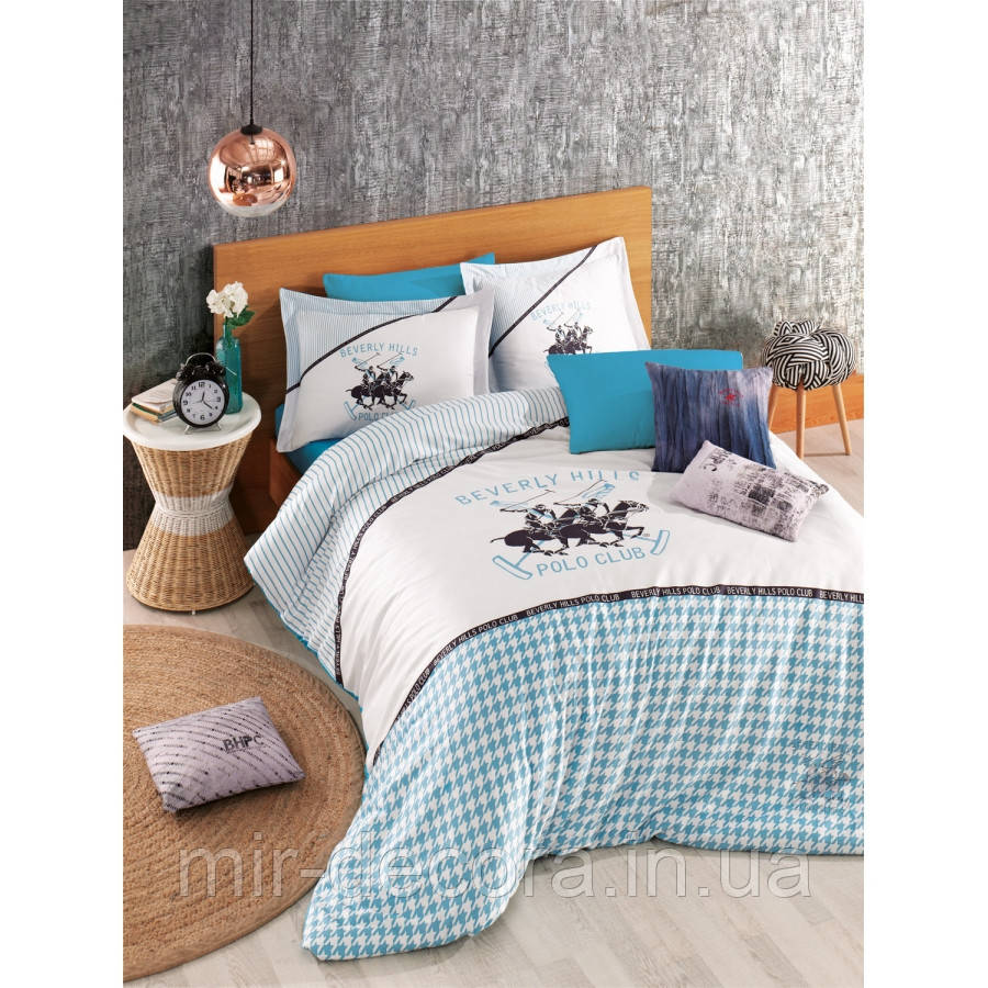 Постільна білизна Beverly Hills Polo Club сатин — BHPC 103 Blue євро, фото 1