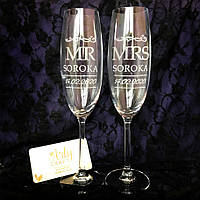Свадебные бокалы для молодых Богемия с гравировкой в деревянной коробке "Wedding" Mr&Mrs (ореховое дерево)