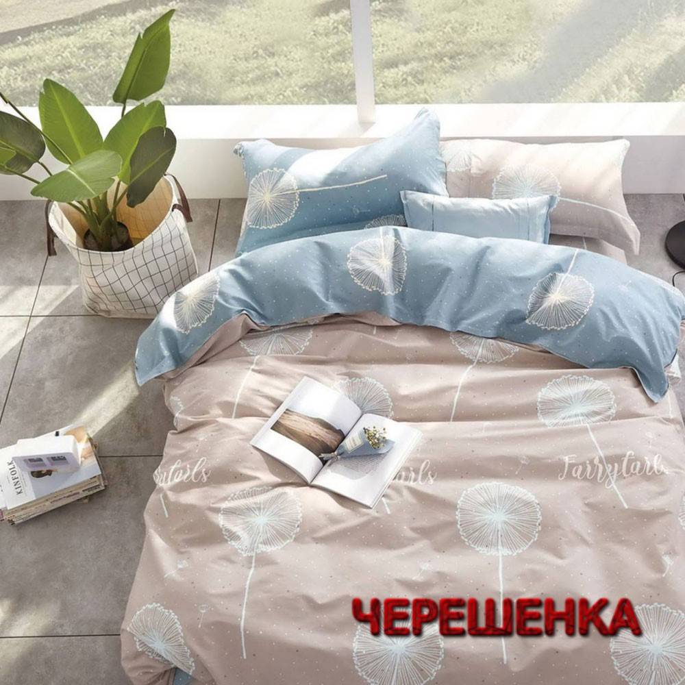 Тканина для постільної білизни Бязь "Gold" Lux GL1282 (A+B) - (50м+50м) бежево-синій з білими кульбабами