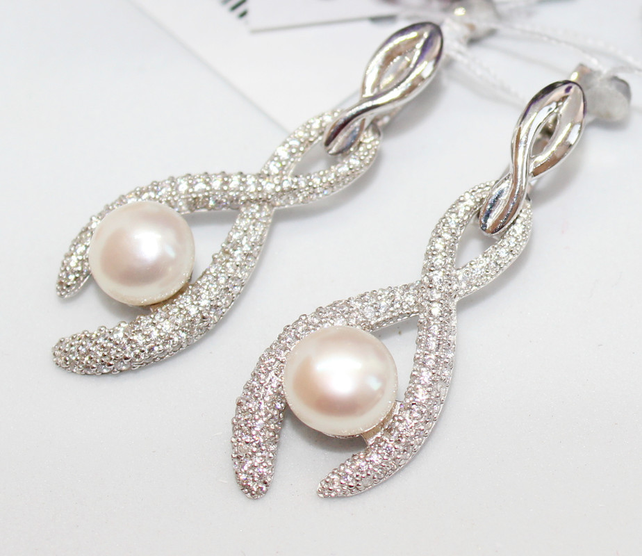 Сережки підвіски жіночі срібні з фіанітами та перлами "Марта" Сережки зі срібла 925 проби