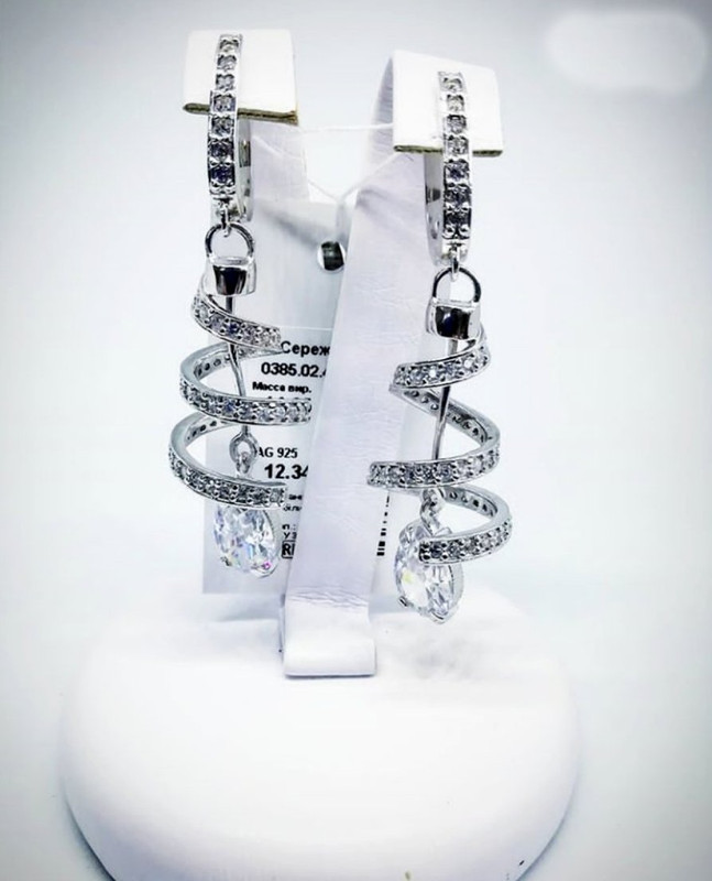 Сережки-підвіски зі срібла з білим цирконієм Серпантин - 925 проби, фото 1