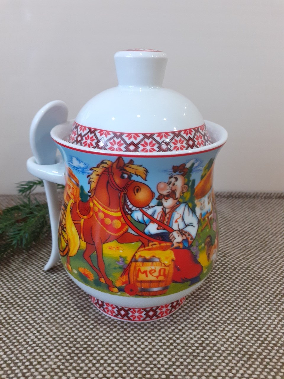 Банка для меду з керамічною ложкою .Медовниця с керамической ложкой.