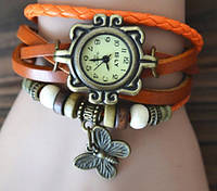 Женские часы с кожзам ремешком под старину с брелком-бабочкой, женские кожзам часы коричневые Оранжевый