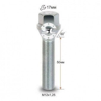 Болт колісний М12х1,25х50мм (ВАЗ,Fiat, Citroen, Lancia) Конус Цинк ключ 17