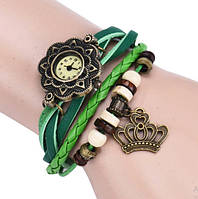 Женские часы с кожзам ремешком под старину с брелком "корона", женские кожаные часы Зеленый